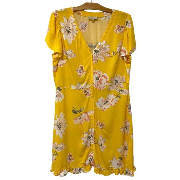 Ann Taylor LOFT Outlet | Dress Floral Yellow Button Front Short Sleeve- Size 14 - Picture 1 of 8